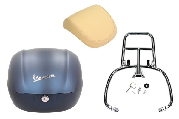 Topcase Kit 32L blau matt (282/A), Rückenpolster champagner für Vespa Primavera