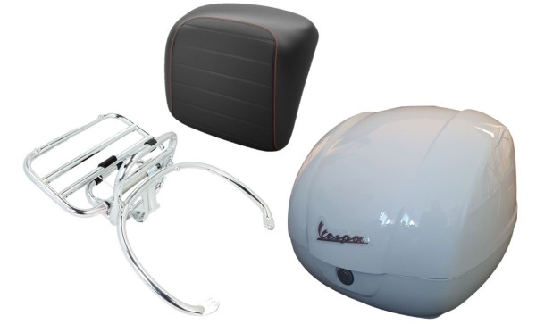 Topcase Kit 36L weiß, Gepäckträger chrom, Rückenpolster schwarz mit orangener Naht für Vespa GTS