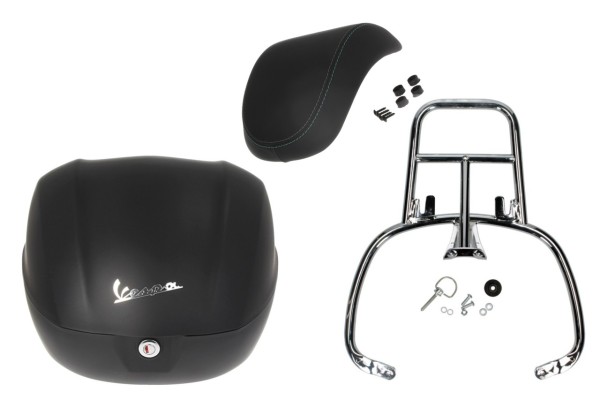 Topcase Kit 32L schwarz matt opaco (99/C), Rückenpolster schwarz, Gepäckträger chrom für Primavera