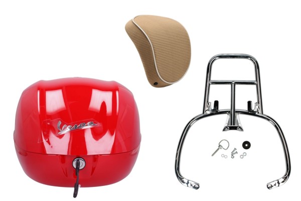 Topcase Kit 32L rot dragon (894), Rückenpolster braun für Vespa Sprint / Primavera